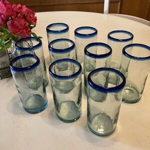 Handblown glasses. Cobalt blue rimmed.